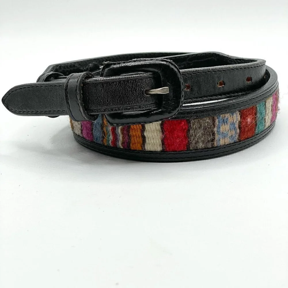Vintage Indian Blanket Inset Black Leather Removable Buckle Waist Belt 25